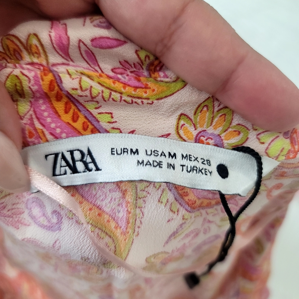 ​Zara Paisley Print Button-Down Blouse Pink & Orange Boho Shirt  M 100% Viscose - Picture 6 of 10